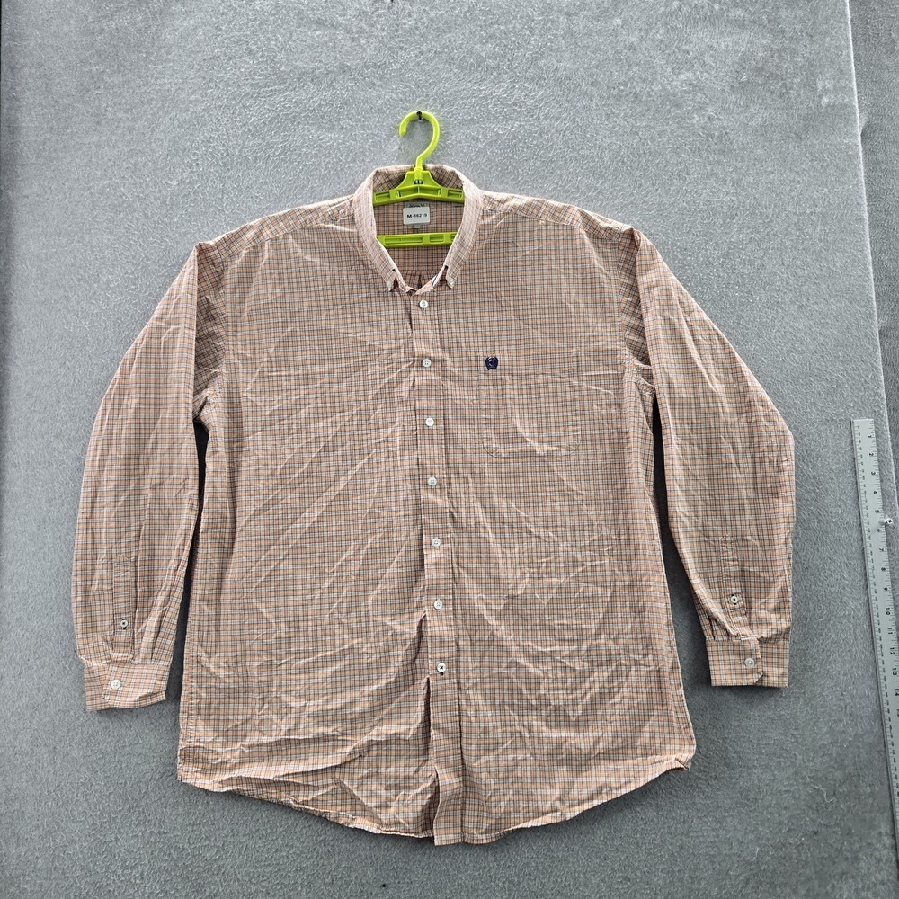 Cinch Men Button Up Shirt XXL Peach Logo Patch Embroidery Plaid Rodeo